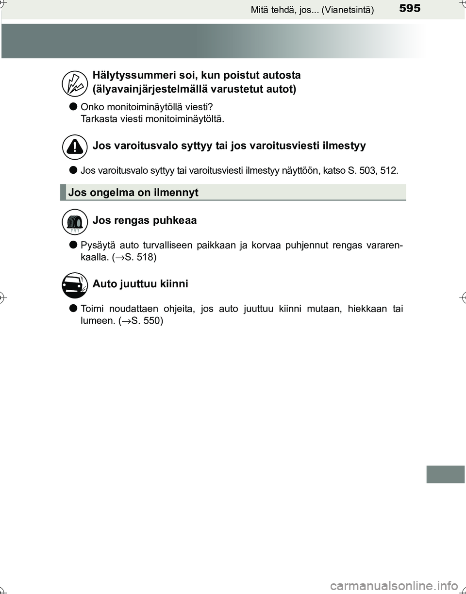 TOYOTA HILUX 2016  Omistajan Käsikirja (in Finnish) 595Mitä tehdä, jos... (Vianetsintä)
OM0K269FI
●Onko monitoiminäytöllä viesti?
Tarkasta viesti monitoiminäytöltä.
●Jos varoitusvalo syttyy tai varoitusviesti ilmestyy näyttöön, katso S.