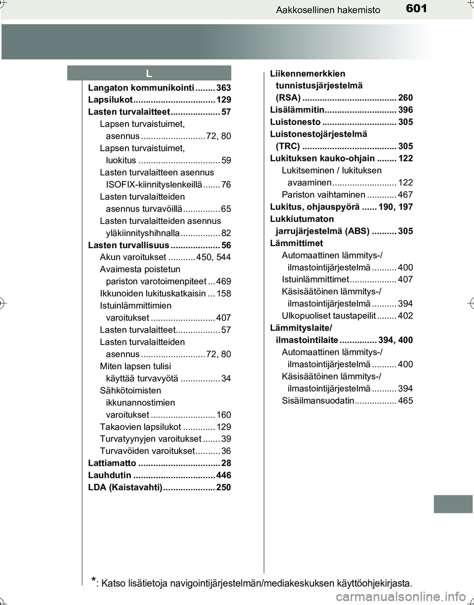 TOYOTA HILUX 2016  Omistajan Käsikirja (in Finnish) 601Aakkosellinen hakemisto
OM0K269FI
Langaton kommunikointi ........ 363
Lapsilukot ................................. 129
Lasten turvalaitteet .................... 57
Lapsen turvaistuimet, asennus ...