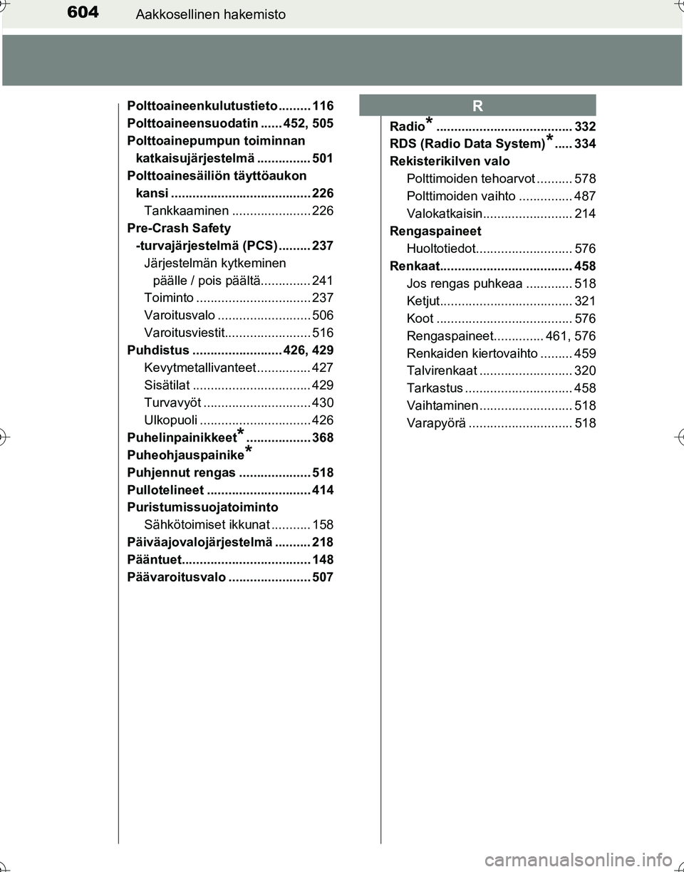TOYOTA HILUX 2016  Omistajan Käsikirja (in Finnish) 604Aakkosellinen hakemisto
OM0K269FI
Polttoaineenkulutustieto ......... 116
Polttoaineensuodatin ...... 452, 505
Polttoainepumpun toiminnan katkaisujärjestelmä ............... 501
Polttoainesäiliö