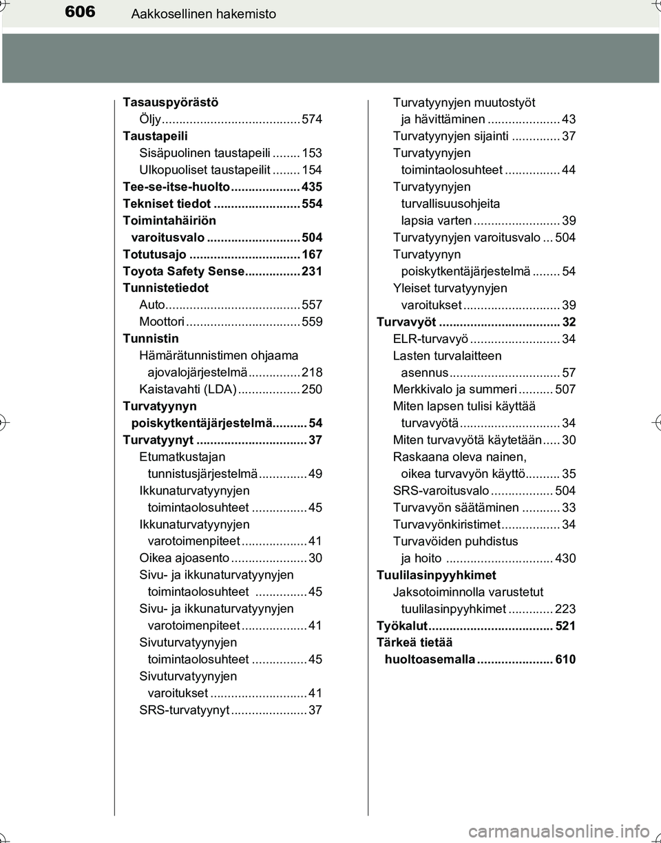 TOYOTA HILUX 2016  Omistajan Käsikirja (in Finnish) 606Aakkosellinen hakemisto
OM0K269FI
TasauspyörästöÖljy ........................................ 574
Taustapeili Sisäpuolinen taustapeili ........ 153
Ulkopuoliset taustapeilit ........ 154
Tee-s
