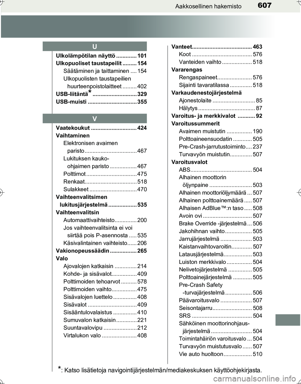 TOYOTA HILUX 2016  Omistajan Käsikirja (in Finnish) 607Aakkosellinen hakemisto
OM0K269FI
Ulkolämpötilan näyttö ............. 101
Ulkopuoliset taustapeilit ......... 154Säätäminen ja taittaminen .... 154
Ulkopuolisten taustapeilien huurteenpoisto