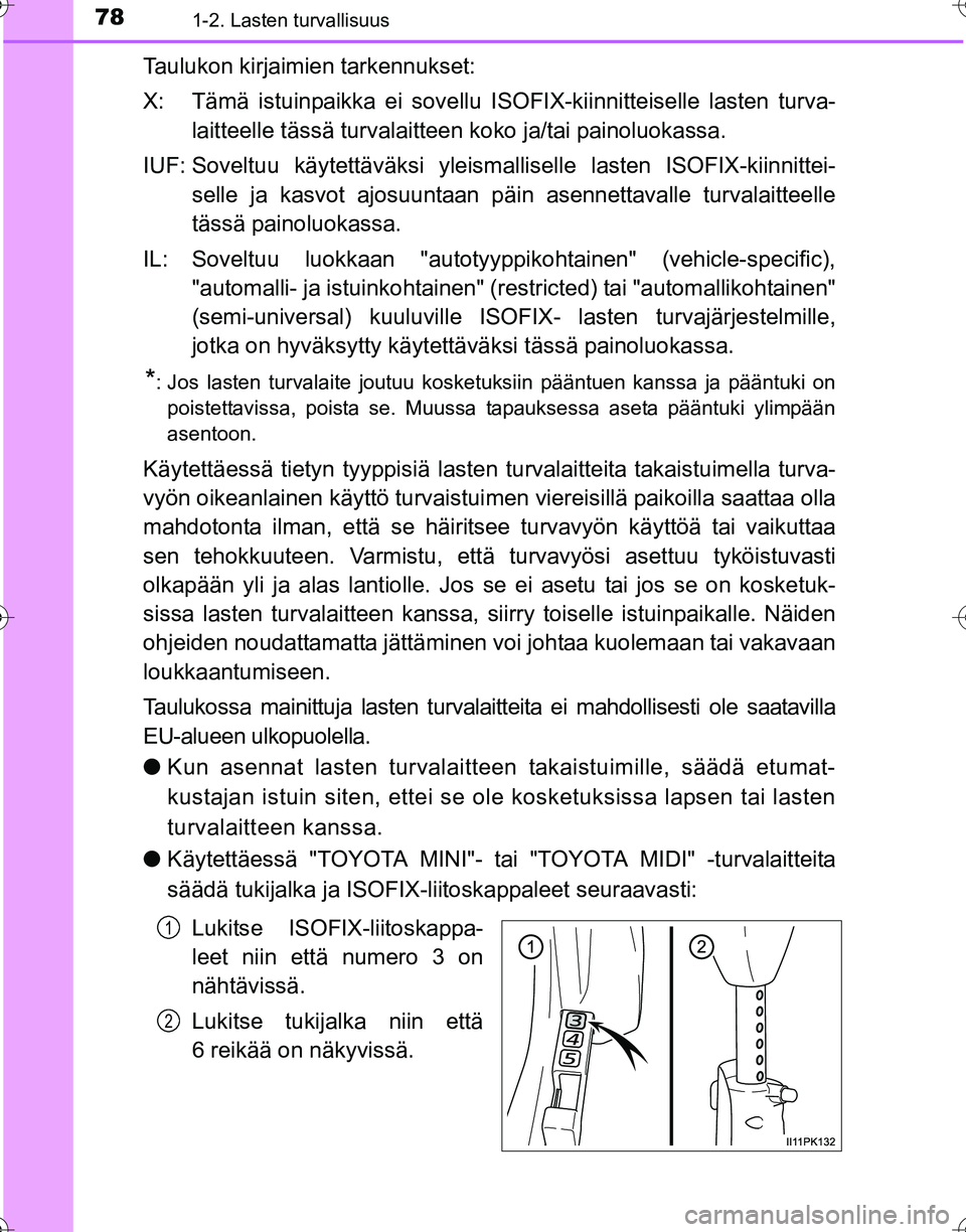 TOYOTA HILUX 2016  Omistajan Käsikirja (in Finnish) 781-2. Lasten turvallisuus
OM0K269FI
Taulukon kirjaimien tarkennukset:
X: Tämä istuinpaikka ei sovellu ISOFIX-kiinnitteiselle lasten turva-laitteelle tässä turvalaitteen  koko ja/tai painoluokassa