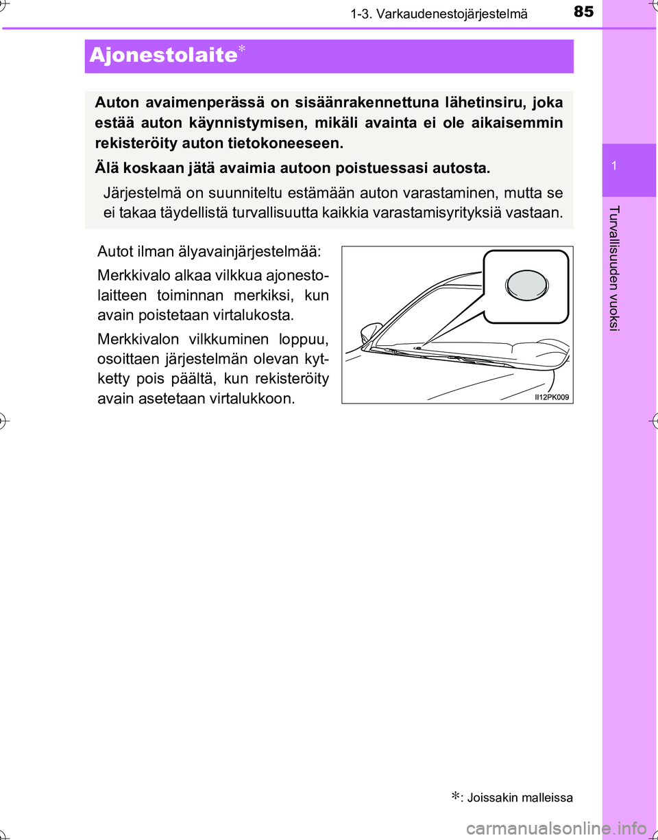 TOYOTA HILUX 2016  Omistajan Käsikirja (in Finnish) 85
1
1-3. Varkaudenestojärjestelmä
OM0K269FI
Turvallisuuden vuoksi
Ajonestolaite∗
Autot ilman älyavainjärjestelmää:
Merkkivalo alkaa vilkkua ajonesto-
laitteen toiminnan merkiksi, kun
avain po