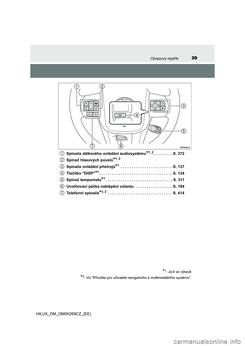 TOYOTA HILUX 2016 Návod na použití (in Czech) 29Obrazový rejstřík
HILUX_OM_OM0K269CZ_(EE)Spínače dálkového ovládání audiosystému
*1, 2. . . . . . . . . S. 372
Spínač hlasových povelů
*1, 2
Spínače ovládání přístrojů*1 . . . TOYOTA HILUX 2016 Návod na použití (in Czech) 29Obrazový rejstřík
HILUX_OM_OM0K269CZ_(EE)Spínače dálkového ovládání audiosystému
*1, 2. . . . . . . . . S. 372
Spínač hlasových povelů
*1, 2
Spínače ovládání přístrojů*1 . . .
