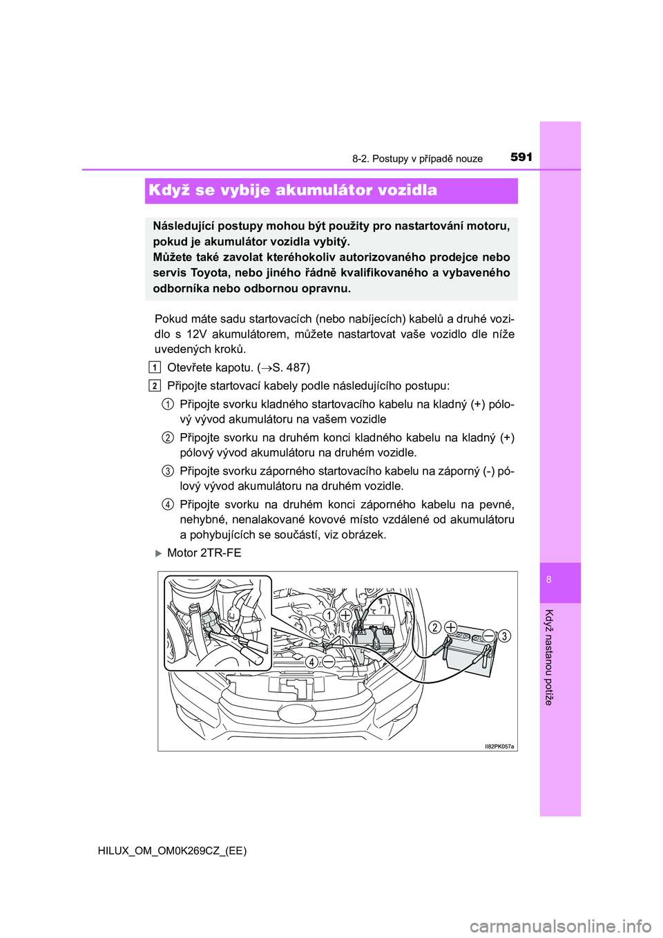 TOYOTA HILUX 2016 Návod na použití (in Czech) 5918-2. Postupy v případě nouze
HILUX_OM_OM0K269CZ_(EE)
8
Když nastanou potíže
Když se vybije akumulátor vozidla
Pokud máte sadu startovacích (nebo nabíjecích) kabelů a druhé vozi-
dlo s TOYOTA HILUX 2016 Návod na použití (in Czech) 5918-2. Postupy v případě nouze
HILUX_OM_OM0K269CZ_(EE)
8
Když nastanou potíže
Když se vybije akumulátor vozidla
Pokud máte sadu startovacích (nebo nabíjecích) kabelů a druhé vozi-
dlo s