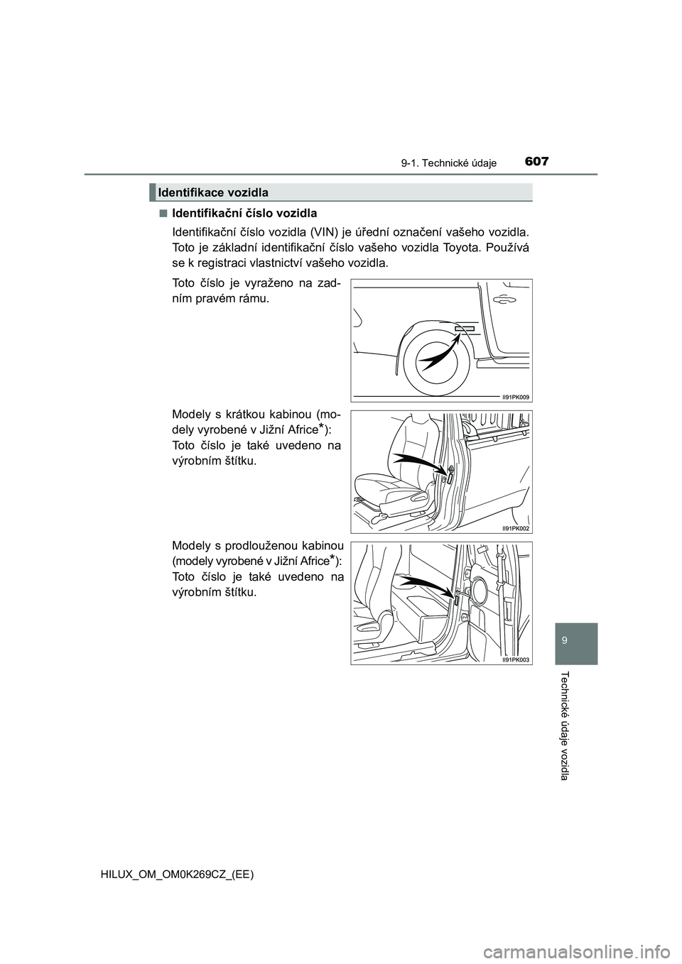 TOYOTA HILUX 2016  Návod na použití (in Czech) 607
9
9-1. Technické údaje
Technické údaje vozidla
HILUX_OM_OM0K269CZ_(EE)■
Identifikační číslo vozidla
Identifikační číslo vozidla (VIN) je úřední označení vašeho vozidla.
Toto je