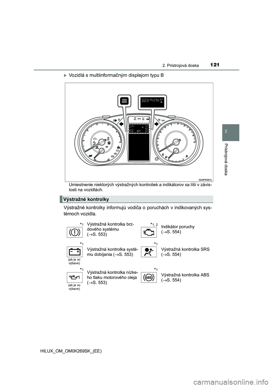 TOYOTA HILUX 2016  Návod na použitie (in Slovakian) 1212. Prístrojová doska
2
Prístrojová doska
HILUX_OM_OM0K269SK_(EE)
Vozidlá s multiinformačným displejom typu B
Umiestnenie niektorých výstražných kontroliek a indikátorov sa líši v z