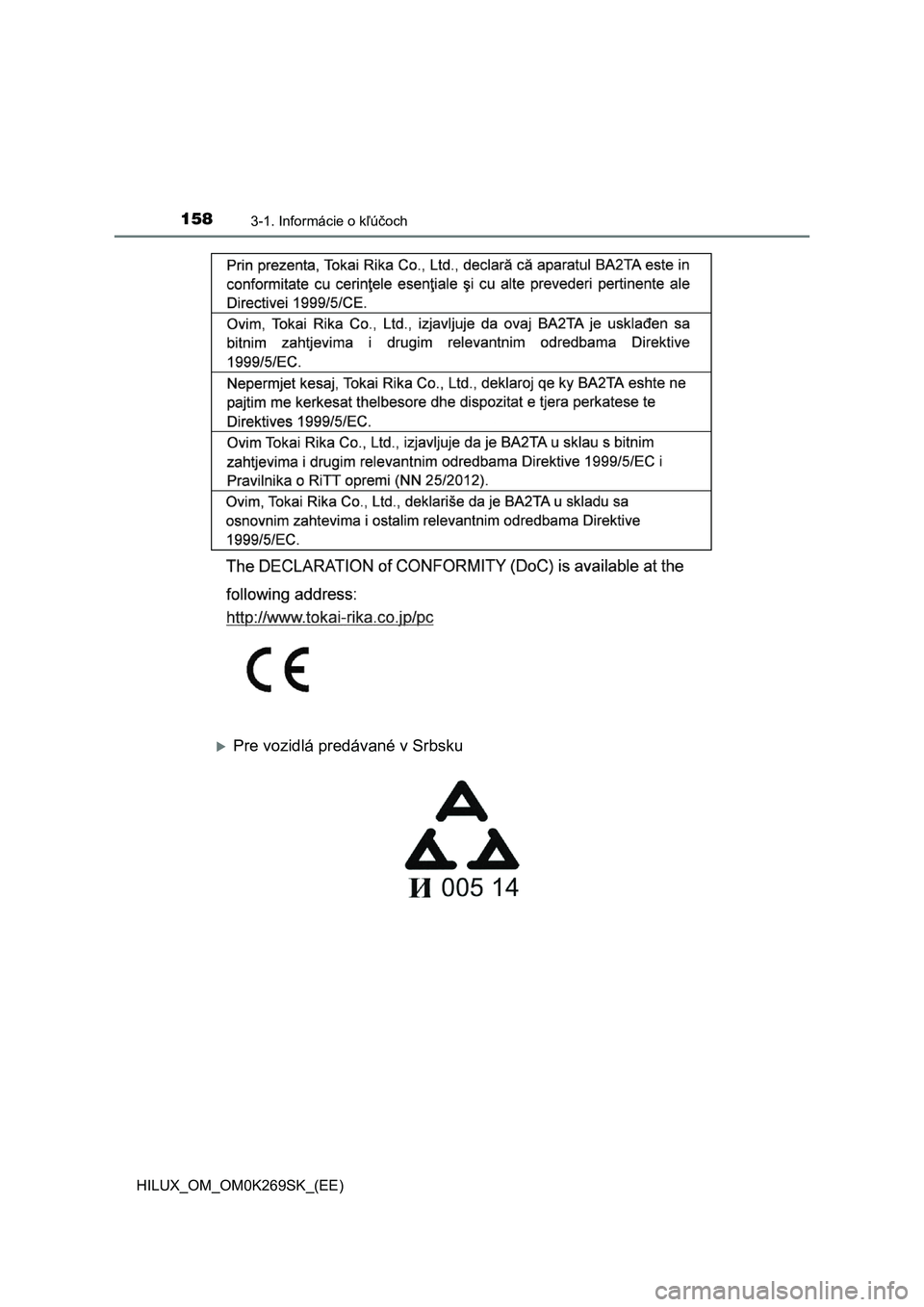 TOYOTA HILUX 2016  Návod na použitie (in Slovakian) 1583-1. Informácie o kľúčoch
HILUX_OM_OM0K269SK_(EE)
Pre vozidlá predávané v Srbsku 
