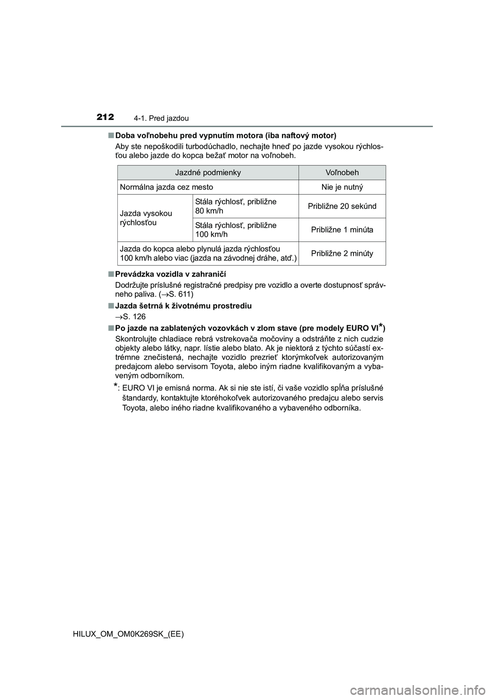 TOYOTA HILUX 2016 Návod na použitie (in Slovakian) 2124-1. Pred jazdou
HILUX_OM_OM0K269SK_(EE)■Doba voľnobehu pred vypnutím motora (iba naftový motor)
Aby ste nepoškodili turbodúchadlo, nechajte hneď po jazde vysokou rýchlos-
ťou alebo jazde TOYOTA HILUX 2016 Návod na použitie (in Slovakian) 2124-1. Pred jazdou
HILUX_OM_OM0K269SK_(EE)■Doba voľnobehu pred vypnutím motora (iba naftový motor)
Aby ste nepoškodili turbodúchadlo, nechajte hneď po jazde vysokou rýchlos-
ťou alebo jazde