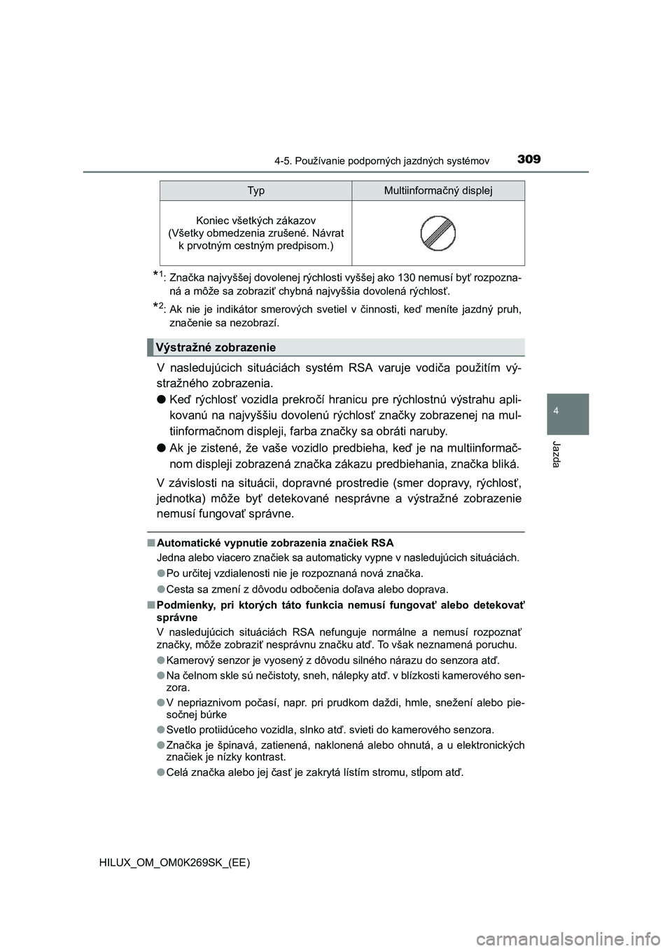 TOYOTA HILUX 2016 Návod na použitie (in Slovakian) 3094-5. Používanie podporných jazdných systémov
4
Jazda
HILUX_OM_OM0K269SK_(EE)
*1:Značka najvyššej dovolenej rýchlosti vyššej ako 130 nemusí byť rozpozna-
ná a môže sa zobraziť chybn TOYOTA HILUX 2016 Návod na použitie (in Slovakian) 3094-5. Používanie podporných jazdných systémov
4
Jazda
HILUX_OM_OM0K269SK_(EE)
*1:Značka najvyššej dovolenej rýchlosti vyššej ako 130 nemusí byť rozpozna-
ná a môže sa zobraziť chybn