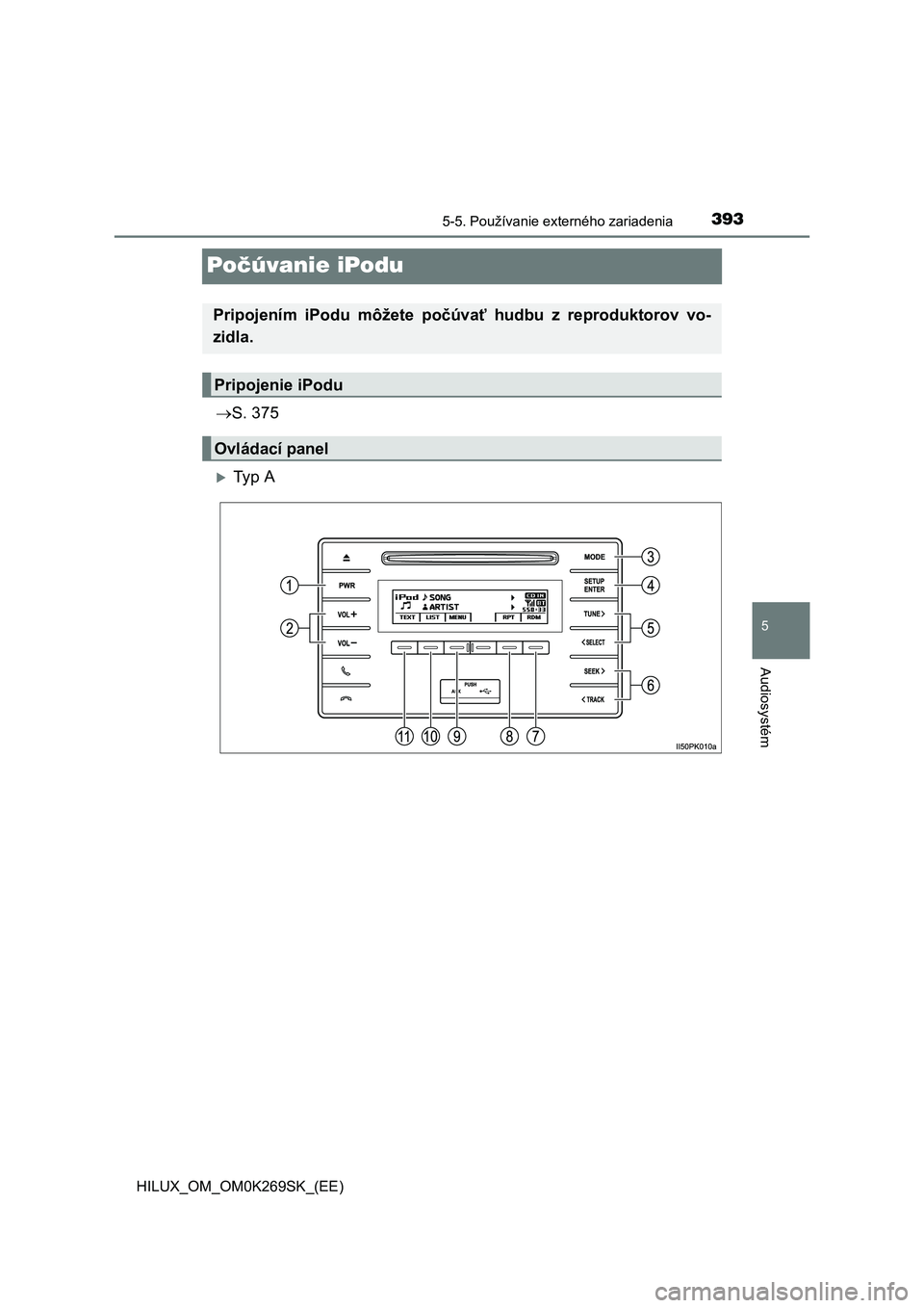 TOYOTA HILUX 2016  Návod na použitie (in Slovakian) 393
5
5-5. Používanie externého zariadenia
Audiosystém
HILUX_OM_OM0K269SK_(EE)
Počúvanie iPodu
S. 375
Ty p  A
Pripojením iPodu môžete počúvať hudbu z reproduktorov vo-
zidla.
Pripoje