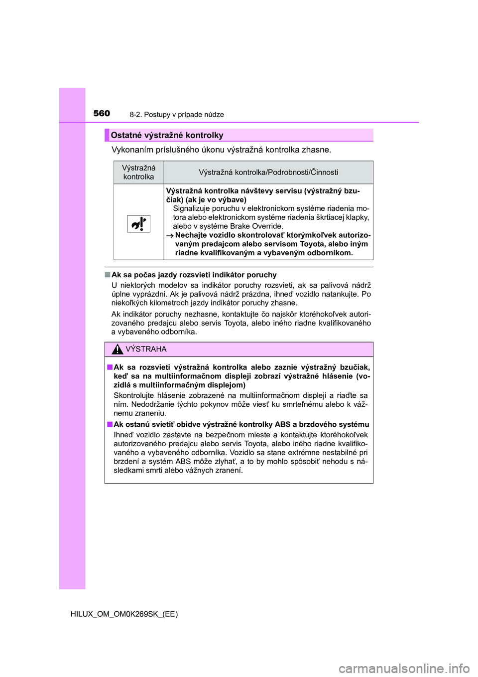 TOYOTA HILUX 2016  Návod na použitie (in Slovakian) 5608-2. Postupy v prípade núdze
HILUX_OM_OM0K269SK_(EE)
Vykonaním príslušného úkonu výstražná kontrolka zhasne.
■Ak sa počas jazdy rozsvieti indikátor poruchy
U niektorých modelov sa in