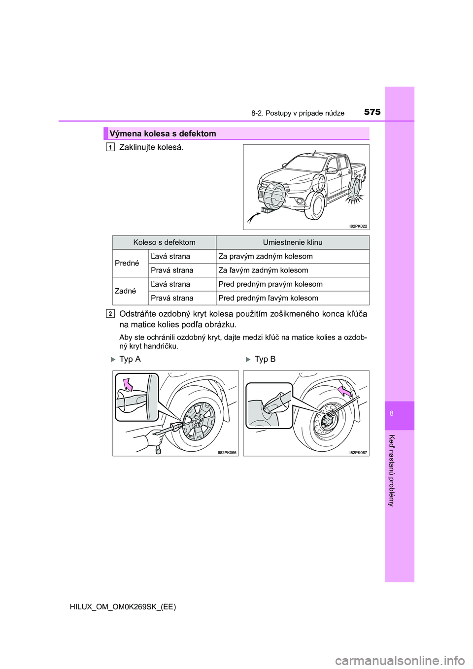 TOYOTA HILUX 2016  Návod na použitie (in Slovakian) 5758-2. Postupy v prípade núdze
HILUX_OM_OM0K269SK_(EE)
8
Keď nastanú problémy
Zaklinujte kolesá.
Odstráňte ozdobný kryt kolesa použitím zošikmeného konca kľúča
na matice kolies podľa