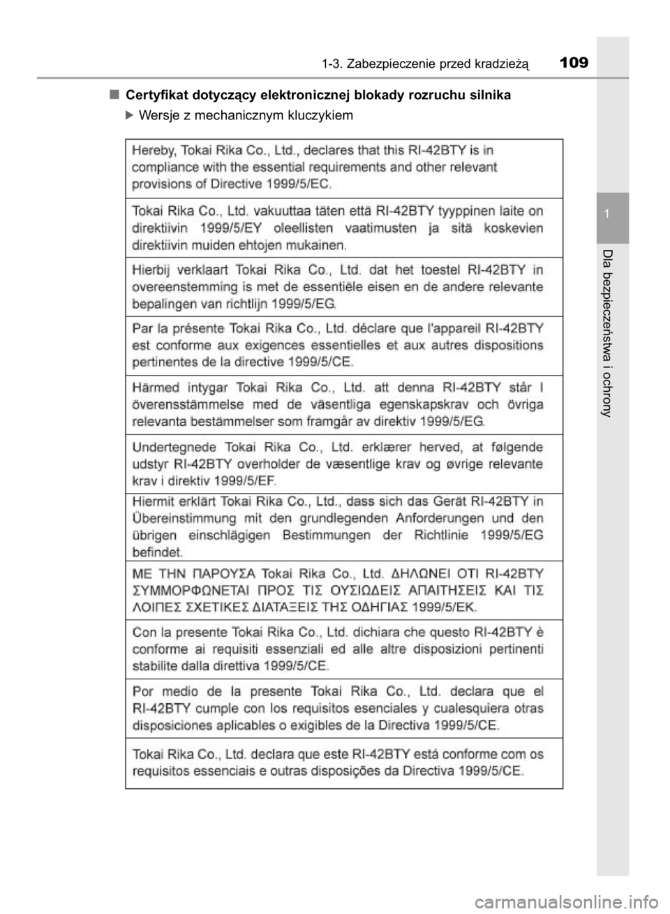 TOYOTA HILUX 2016  Instrukcja obsługi (in Polish) Certyfikat dotyczàcy elektronicznej blokady rozruchu silnika
óWersje z mechanicznym kluczykiem
1-3. Zabezpieczenie przed kradzie˝à109
1
Dla bezpieczeƒstwa i ochrony
9 IO HILUX OM0K269E  3/17/16  