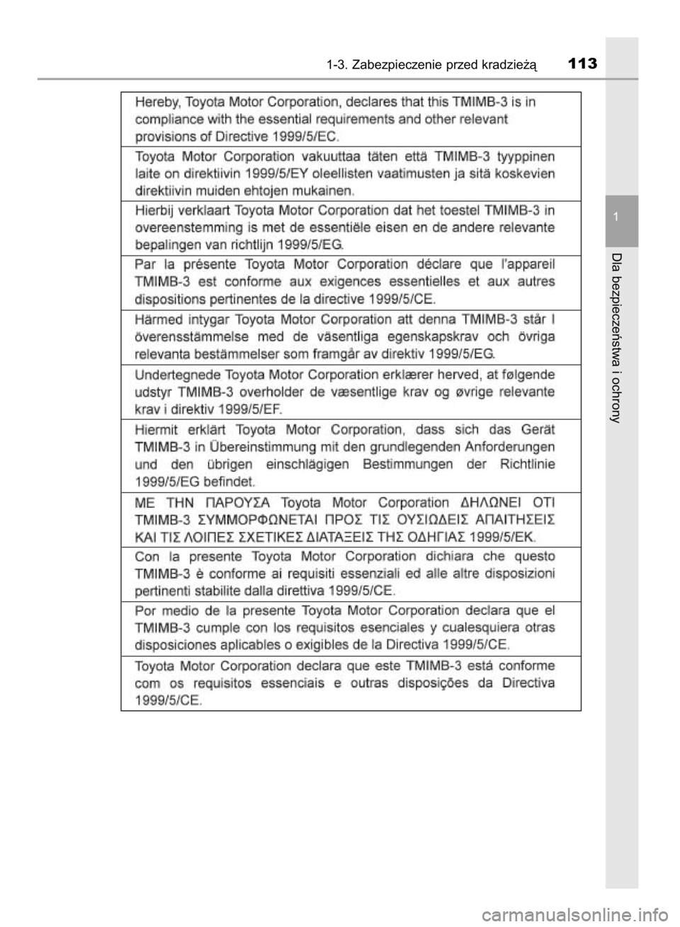 TOYOTA HILUX 2016  Instrukcja obsługi (in Polish) 1-3. Zabezpieczenie przed kradzie˝à113
1
Dla bezpieczeƒstwa i ochrony
9 IO HILUX OM0K269E  3/17/16  10:18 AM  Page 113    (Black plate) 