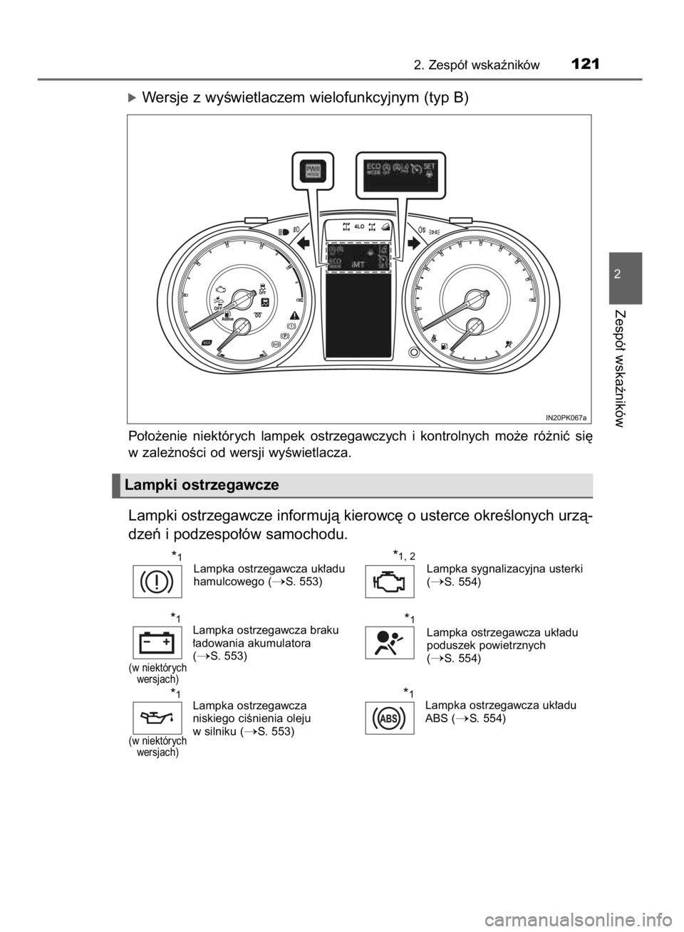 TOYOTA HILUX 2016  Instrukcja obsługi (in Polish) óWersje z wyÊwietlaczem wielofunkcyjnym (typ B)
Po∏o˝enie  niektórych  lampek  ostrzegawczych  i kontrolnych  mo˝e  ró˝niç  si´
w zale˝noÊci od wersji wyÊwietlacza.
Lampki ostrzegawcze i