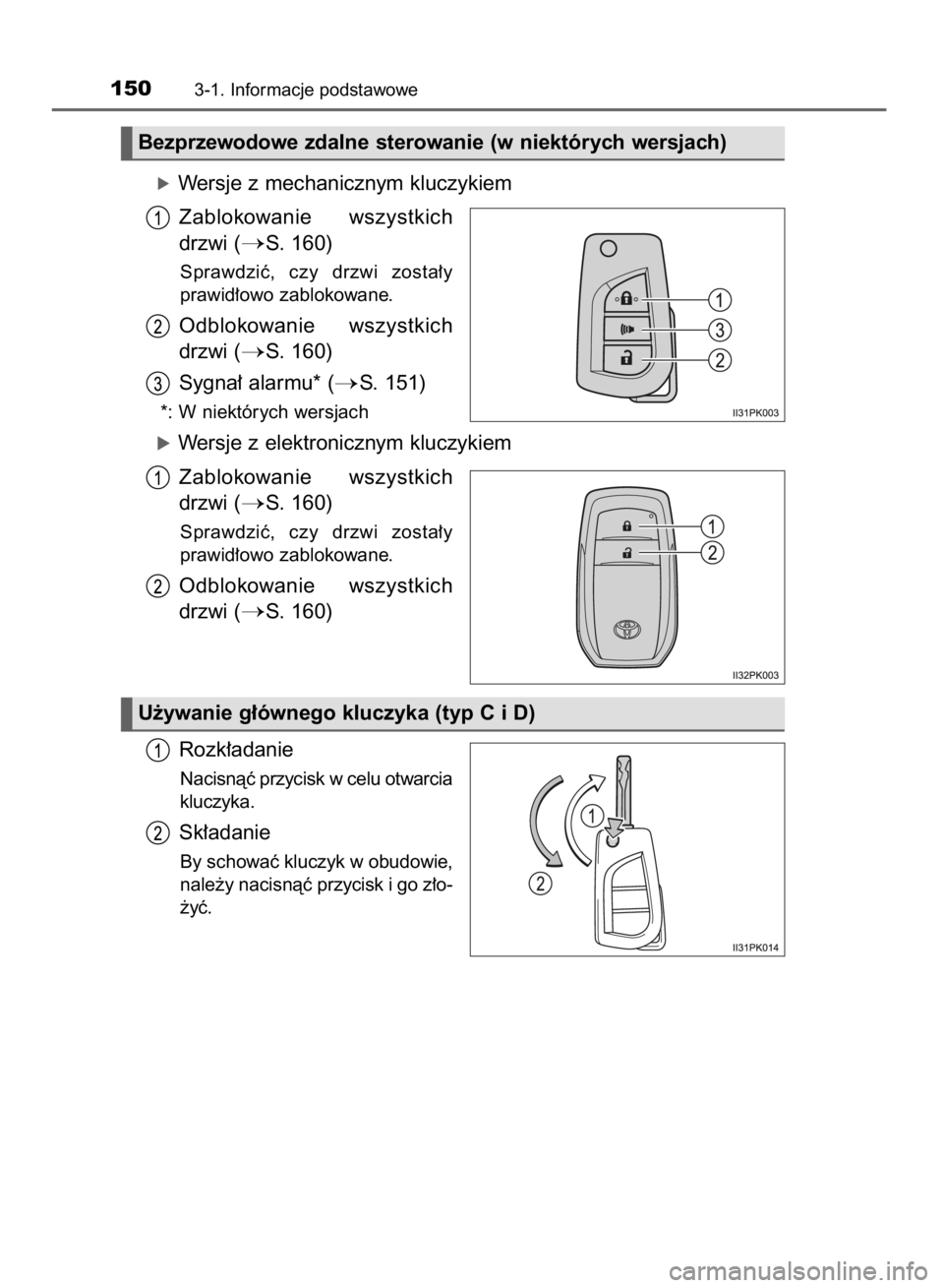 TOYOTA HILUX 2016  Instrukcja obsługi (in Polish) óWersje z mechanicznym kluczykiem
Zablokowanie  wszystkich
drzwi (
S. 160)
Sprawdziç,  czy  drzwi  zosta∏y
prawid∏owo zablokowane.
Odblokowanie  wszystkich
drzwi (
S. 160)
Sygna∏ alarmu* (
