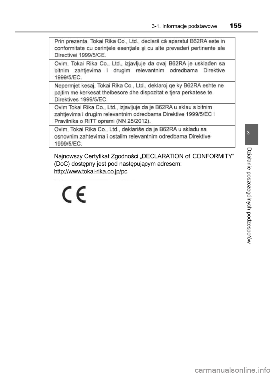 TOYOTA HILUX 2016  Instrukcja obsługi (in Polish) 3-1. Informacje podstawowe155
3
Dzia∏anie poszczególnych podzespo∏ów
Najnowszy Cer tyfikat ZgodnoÊci „DECLARATION of CONFORMITY”
(DoC) dost´pny jest pod nast´pujàcym adresem:
http://www
