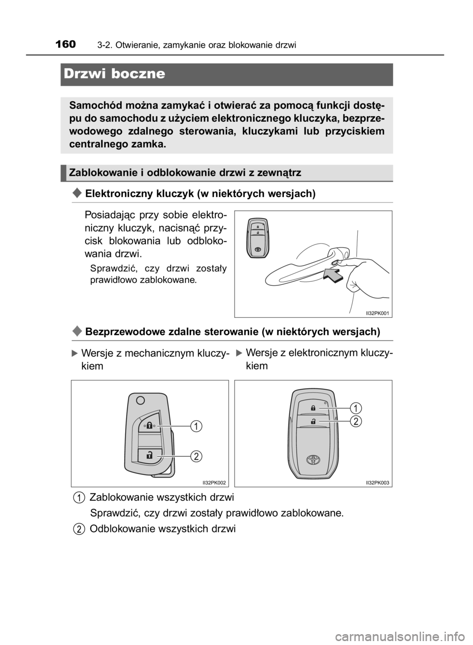 TOYOTA HILUX 2016  Instrukcja obsługi (in Polish) Elektroniczny kluczyk (w niektórych wersjach)
Posiadajàc  przy  sobie  elektro-
niczny  kluczyk,  nacisnàç  przy-
cisk  blokowania  lub  odbloko-
wania drzwi.
Sprawdziç,  czy  drzwi  zosta∏y
p