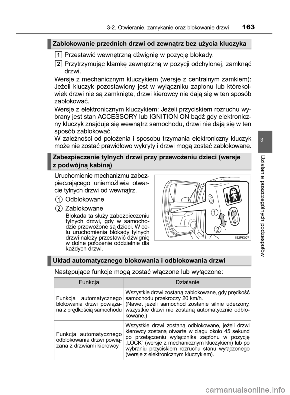 TOYOTA HILUX 2016  Instrukcja obsługi (in Polish) Przestawiç wewn´trznà dêwigni´ w pozycj´ blokady.
Przytrzymujàc klamk´ zewn´trznà w pozycji odchylonej, zamknàç
drzwi.
Wersje  z mechanicznym  kluczykiem  (wersje  z centralnym  zamkiem):
