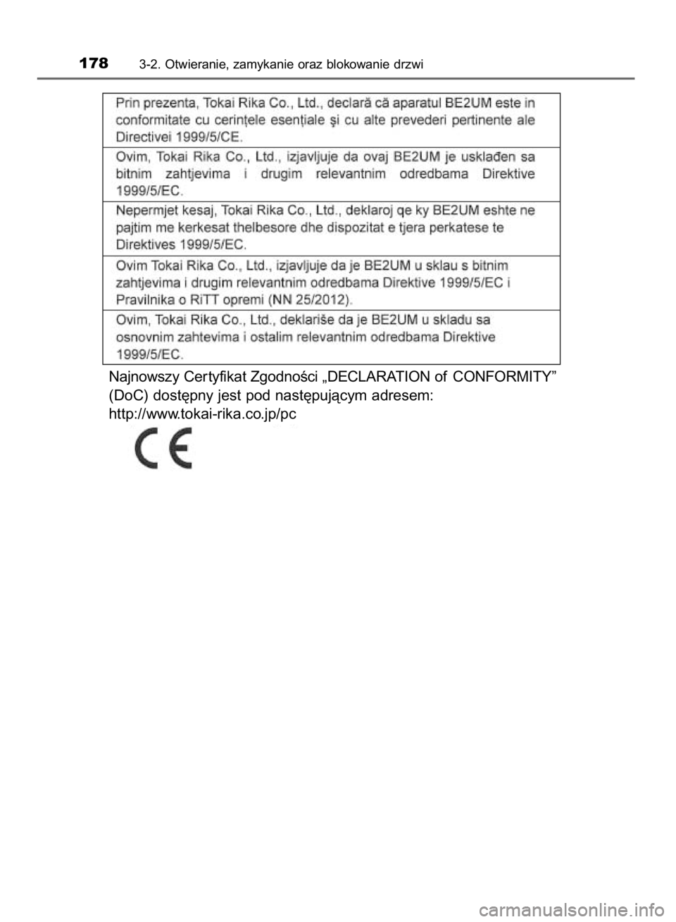 TOYOTA HILUX 2016  Instrukcja obsługi (in Polish) 1783-2. Otwieranie, zamykanie oraz blokowanie drzwi
Najnowszy Cer tyfikat ZgodnoÊci „DECLARATION of CONFORMITY”
(DoC) dost´pny jest pod nast´pujàcym adresem:
http://www.tokai-rika.co.jp/pc
9 I