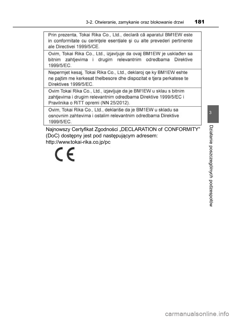 TOYOTA HILUX 2016  Instrukcja obsługi (in Polish) 3-2. Otwieranie, zamykanie oraz blokowanie drzwi181
3
Dzia∏anie poszczególnych podzespo∏ów
Najnowszy Cer tyfikat ZgodnoÊci „DECLARATION of CONFORMITY”
(DoC) dost´pny jest pod nast´pujàcy