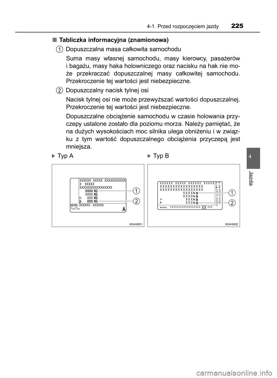 TOYOTA HILUX 2016  Instrukcja obsługi (in Polish) Tabliczka informacyjna (znamionowa)
Dopuszczalna masa ca∏kowita samochodu
Suma  masy  w∏asnej  samochodu,  masy  kierowcy,  pasa˝erów
i baga˝u, masy haka holowniczego oraz nacisku na hak nie mo