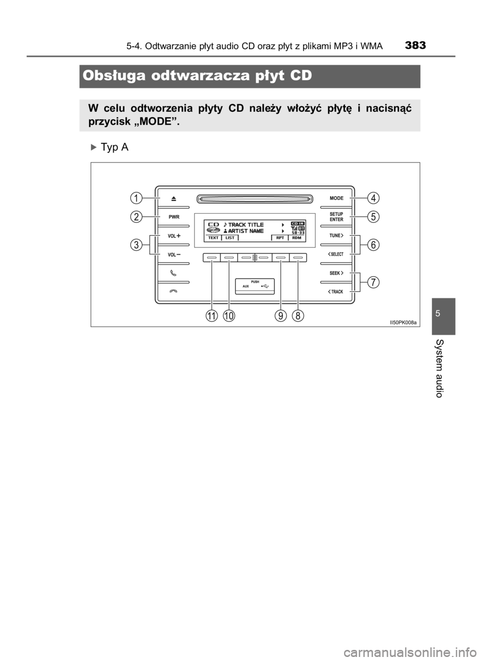 TOYOTA HILUX 2016 Instrukcja obsługi (in Polish) óTyp A
5-4. Odtwarzanie p∏yt audio CD oraz p∏yt z plikami MP3 i WMA383
5
System audio
Obs∏uga odtwarzacza p∏yt CD
W celu odtworzenia p∏yty CD nale˝y w∏o˝yç p∏yt´ i nacisnà TOYOTA HILUX 2016 Instrukcja obsługi (in Polish) óTyp A
5-4. Odtwarzanie p∏yt audio CD oraz p∏yt z plikami MP3 i WMA383
5
System audio
Obs∏uga odtwarzacza p∏yt CD
W celu odtworzenia p∏yty CD nale˝y w∏o˝yç p∏yt´ i nacisnà