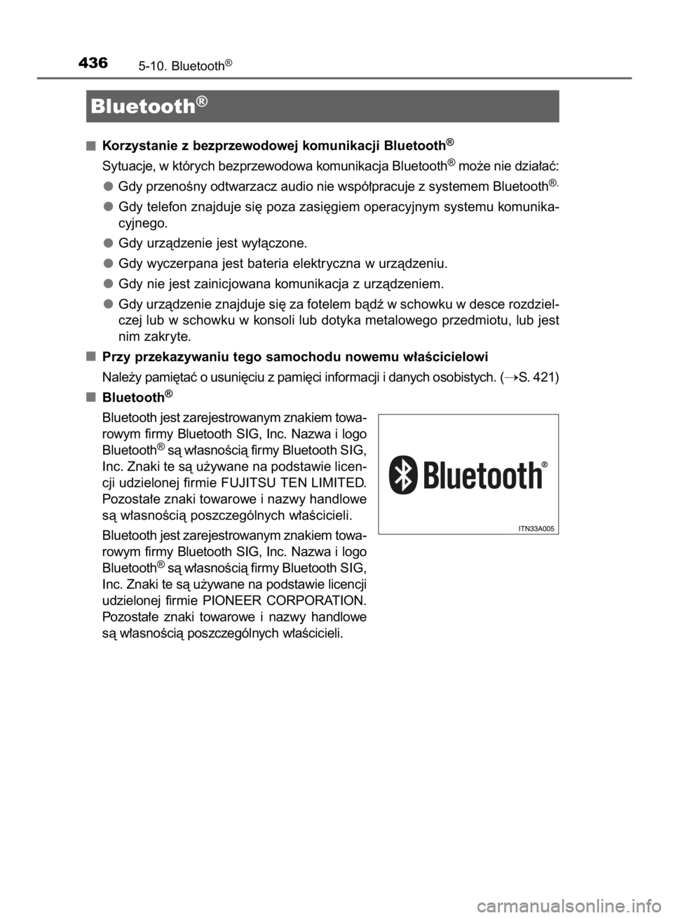 TOYOTA HILUX 2016 Instrukcja obsługi (in Polish) Korzystanie z bezprzewodowej komunikacji Bluetooth®
Sytuacje, w których bezprzewodowa komunikacja Bluetooth®mo˝e nie dzia∏aç:
Gdy przenoÊny odtwarzacz audio nie wspó∏pracuje z systemem Blue TOYOTA HILUX 2016 Instrukcja obsługi (in Polish) Korzystanie z bezprzewodowej komunikacji Bluetooth®
Sytuacje, w których bezprzewodowa komunikacja Bluetooth®mo˝e nie dzia∏aç:
Gdy przenoÊny odtwarzacz audio nie wspó∏pracuje z systemem Blue