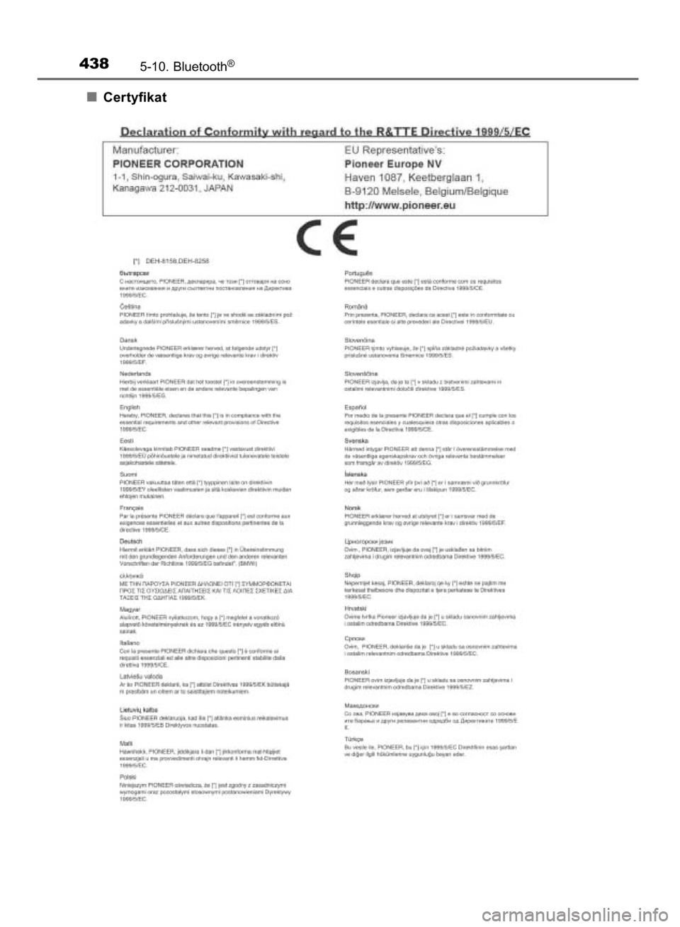 TOYOTA HILUX 2016 Instrukcja obsługi (in Polish) Certyfikat
4385-10. Bluetooth®
9 IO HILUX OM0K269E 3/17/16 10:20 AM Page 438 (Black plate) TOYOTA HILUX 2016 Instrukcja obsługi (in Polish) Certyfikat
4385-10. Bluetooth®
9 IO HILUX OM0K269E 3/17/16 10:20 AM Page 438 (Black plate)
