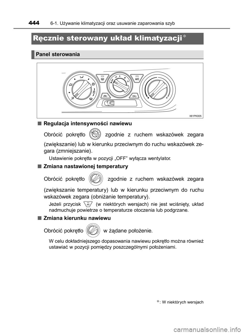 TOYOTA HILUX 2016  Instrukcja obsługi (in Polish) Regulacja intensywnoÊci nawiewu
Obróciç  pokr´t∏o  zgodnie  z ruchem  wskazówek  zegara
(zwi´kszanie) lub w kierunku przeciwnym do ruchu wskazówek ze-
gara (zmniejszanie).
Ustawienie pokr´t