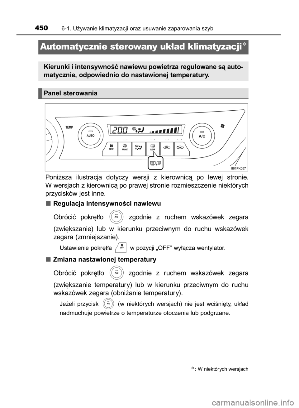TOYOTA HILUX 2016  Instrukcja obsługi (in Polish) Poni˝sza  ilustracja  dotyczy  wersji  z kierownicà  po  lewej  stronie.
W wersjach z kierownicà po prawej stronie rozmieszczenie niektórych
przycisków jest inne.
Regulacja intensywnoÊci nawiewu