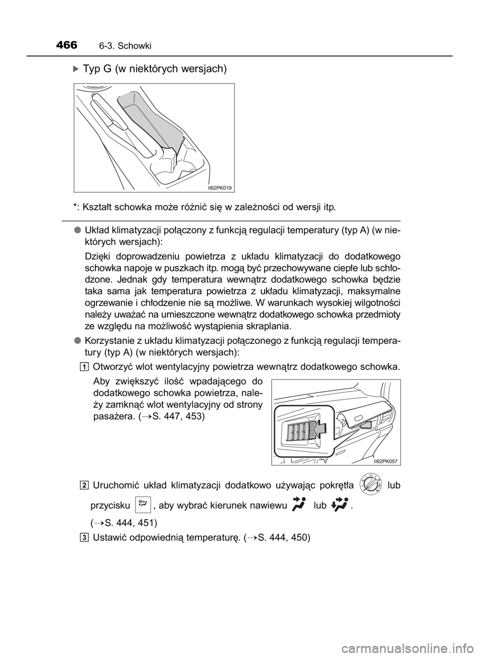 TOYOTA HILUX 2016  Instrukcja obsługi (in Polish) óTyp G (w niektórych wersjach)
*: Kszta∏t schowka mo˝e ró˝niç si´ w zale˝noÊci od wersji itp.
Uk∏ad klimatyzacji po∏àczony z funkcjà regulacji temperatury (typ A) (w nie-
których wer