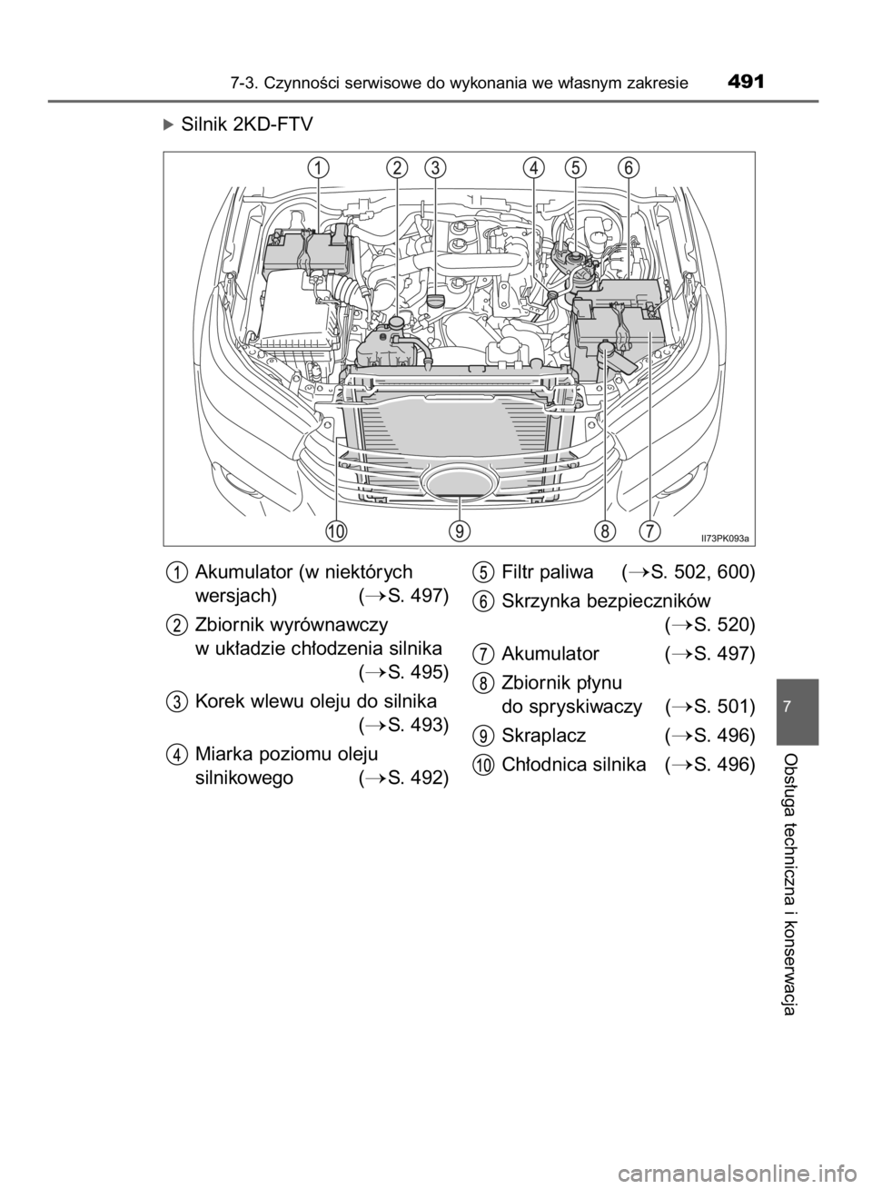TOYOTA HILUX 2016  Instrukcja obsługi (in Polish) óSilnik 2KD-FTV
7-3. CzynnoÊci serwisowe do wykonania we w∏asnym zakresie491
7
Obs∏uga techniczna i konserwacja
Akumulator (w niektórych
wersjach) (
S. 497)
Zbiornik wyrównawczy
w uk∏adzie 