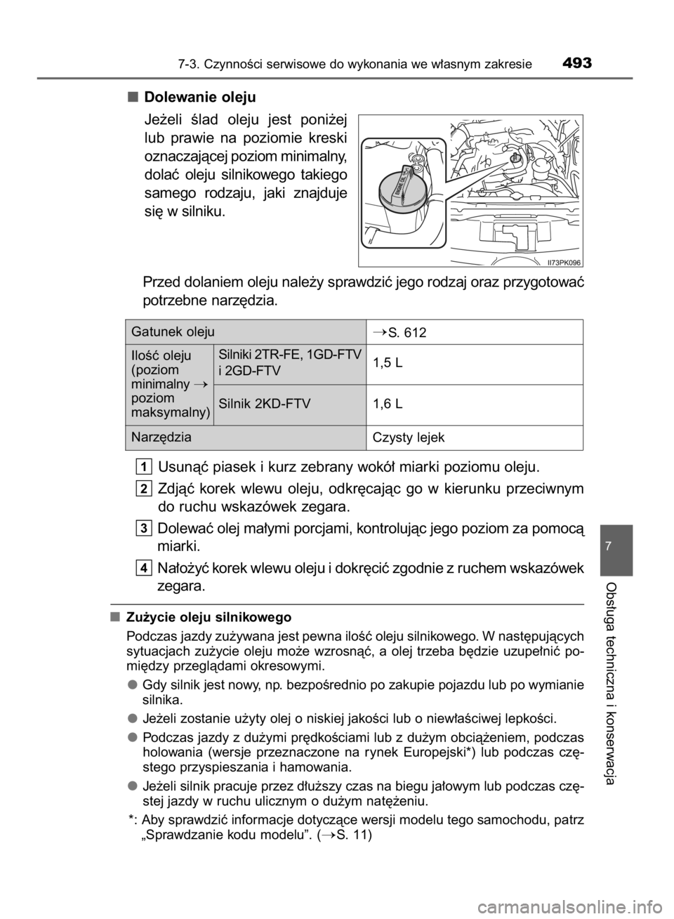 TOYOTA HILUX 2016  Instrukcja obsługi (in Polish) Dolewanie oleju
Je˝eli  Êlad  oleju  jest  poni˝ej
lub  prawie  na  poziomie  kreski
oznaczajàcej poziom minimalny,
dolaç  oleju  silnikowego  takiego
samego  rodzaju,  jaki  znajduje
si´ w siln