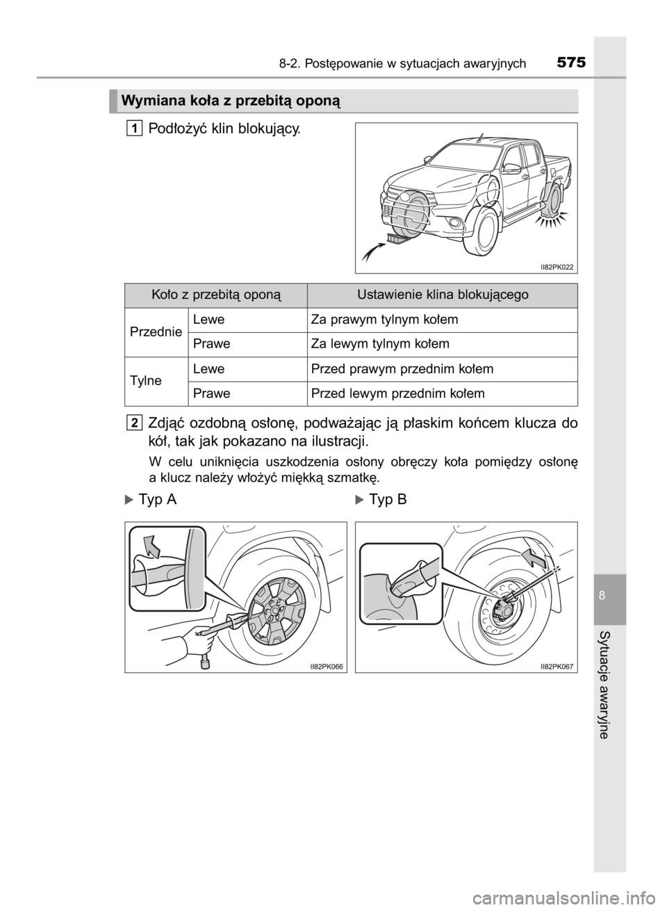 TOYOTA HILUX 2016  Instrukcja obsługi (in Polish) Pod∏o˝yç klin blokujàcy.
Zdjàç  ozdobnà  os∏on´,  podwa˝ajàc  jà  p∏askim  koƒcem  klucza  do
kó∏, tak jak pokazano na ilustracji.
W celu  unikni´cia  uszkodzenia  os∏ony  obr´