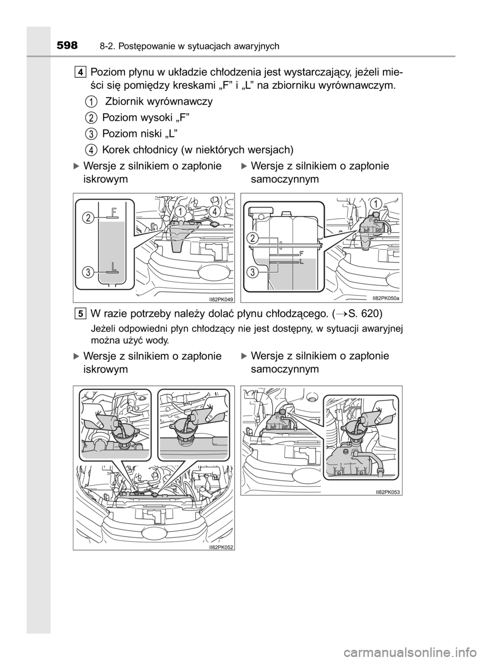 TOYOTA HILUX 2016  Instrukcja obsługi (in Polish) Poziom p∏ynu w uk∏adzie ch∏odzenia jest wystarczajàcy, je˝eli mie-
Êci si´ pomi´dzy kreskami „F” i „L” na zbiorniku wyrównawczym.
Zbiornik wyrównawczy
Poziom wysoki „F”
Poziom