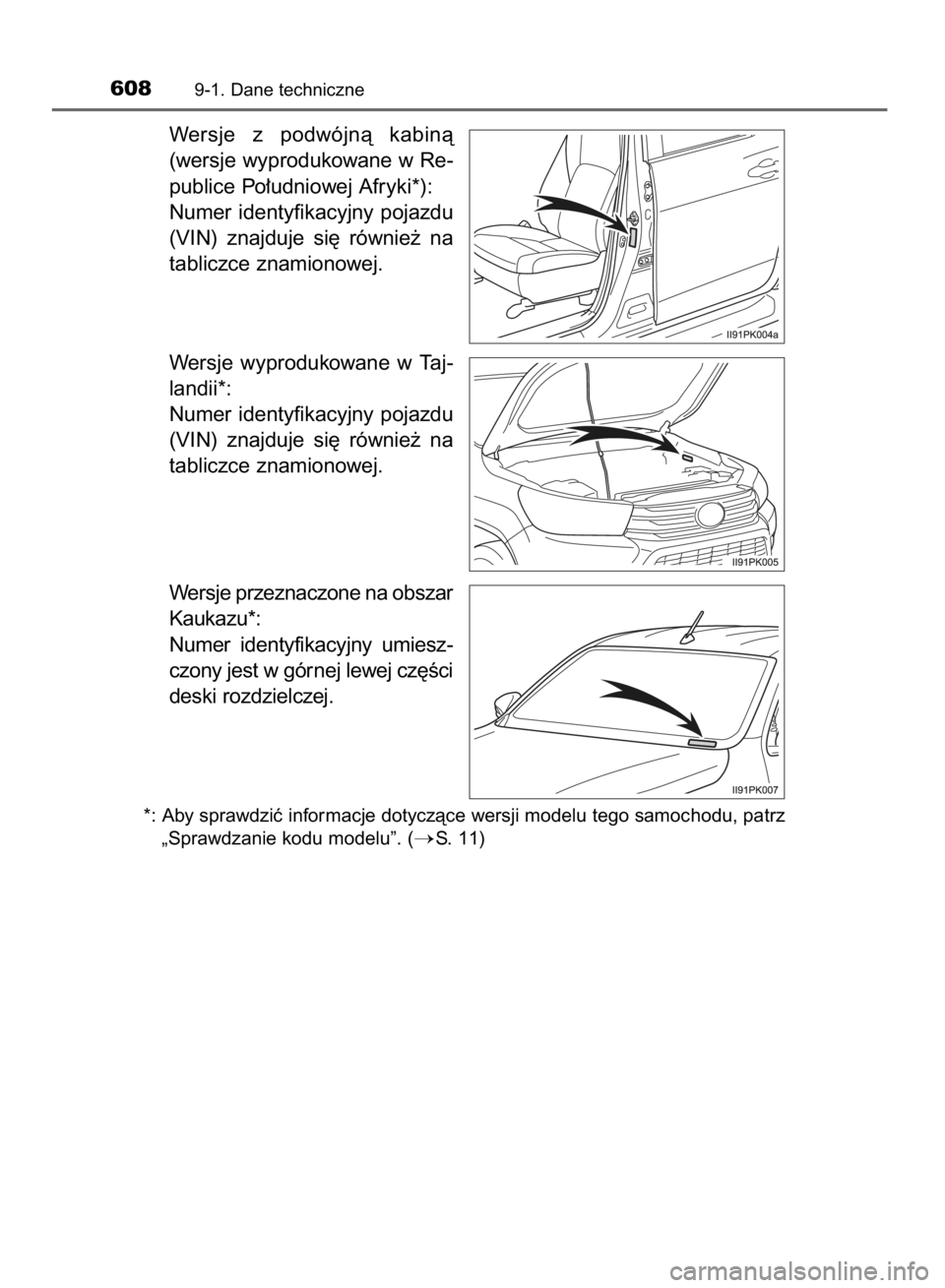 TOYOTA HILUX 2016  Instrukcja obsługi (in Polish) Wersje  z podwójnà  kabinà
(wersje wyprodukowane w Re-
publice Po∏udniowej Afryki*):
Numer  identyfikacyjny  pojazdu
(VIN)  znajduje  si´  równie˝  na
tabliczce znamionowej.
Wersje  wyprodukow