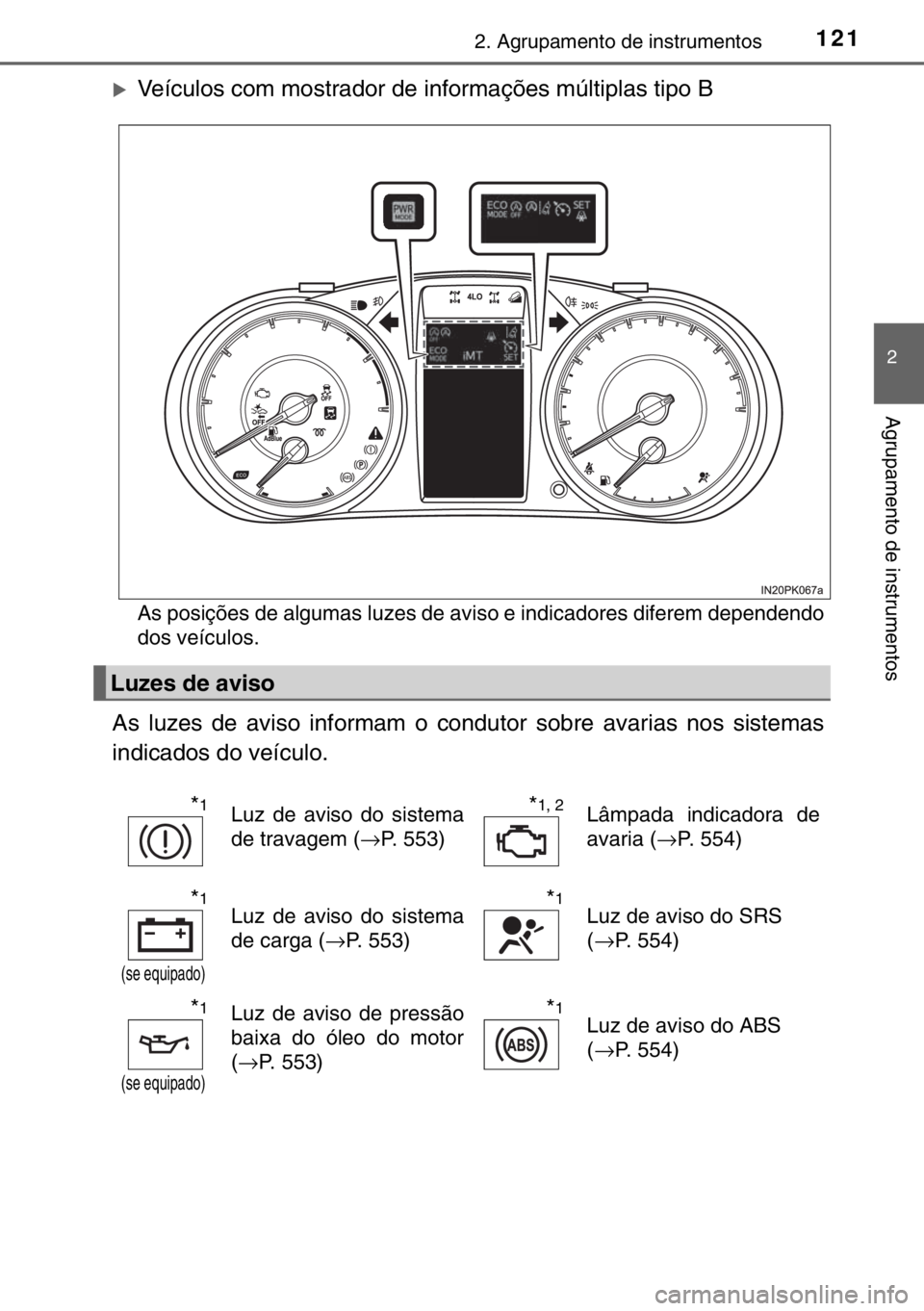 TOYOTA HILUX 2016  Manual de utilização (in Portuguese) 1212. Agrupamento de instrumentos
2
Agrupamento de instrumentos
�XVeículos com mostrador de informações múltiplas tipo B
As posições de algumas luzes de aviso e indicadores diferem dependendo
do
