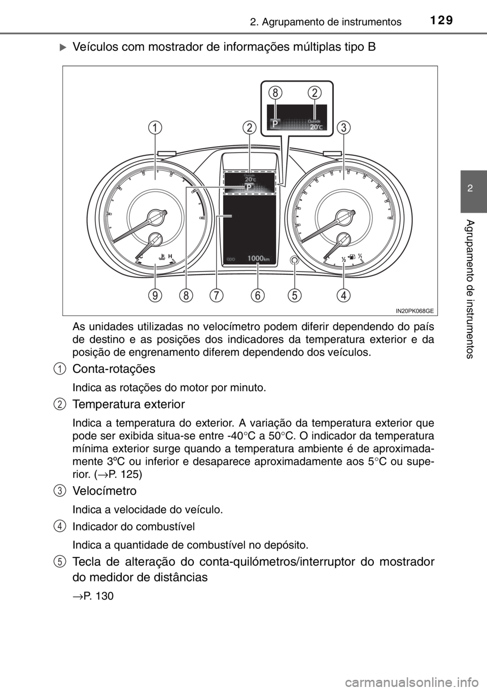 TOYOTA HILUX 2016  Manual de utilização (in Portuguese) 1292. Agrupamento de instrumentos
2
Agrupamento de instrumentos
�XVeículos com mostrador de informações múltiplas tipo B
As unidades utilizadas no velocímetro podem diferir dependendo do país
de