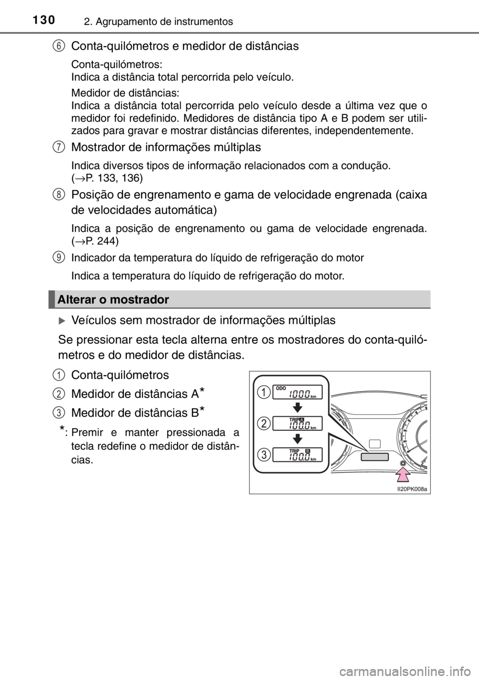 TOYOTA HILUX 2016  Manual de utilização (in Portuguese) 1302. Agrupamento de instrumentos
Conta-quilómetros e medidor de distâncias
Conta-quilómetros: 
Indica a distância total percorrida pelo veículo.
Medidor de distâncias:
Indica a distância total