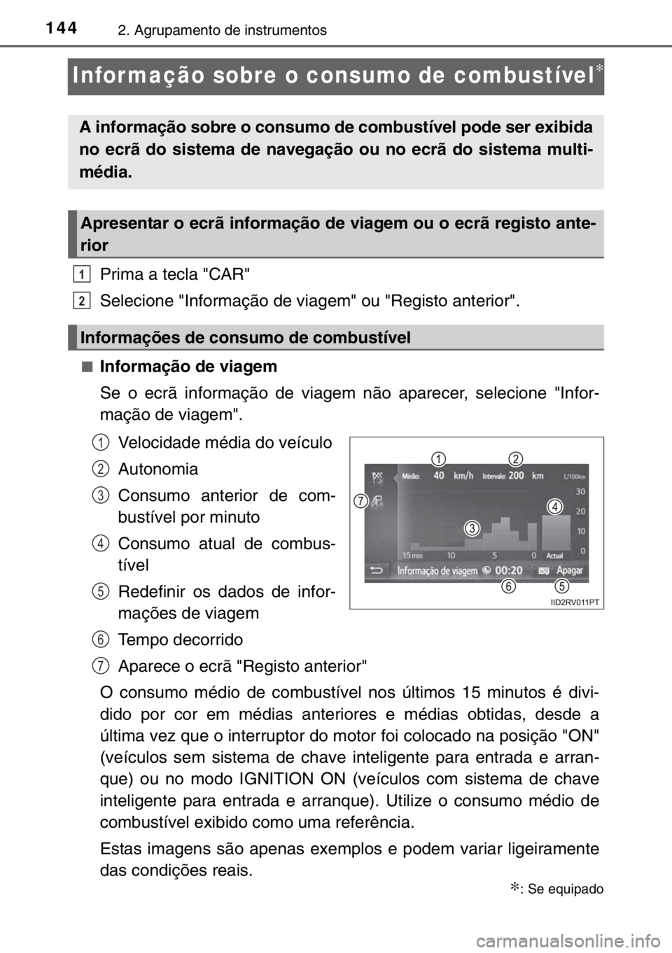 TOYOTA HILUX 2016  Manual de utilização (in Portuguese) 1442. Agrupamento de instrumentos
Infor mação sobre o consumo de combustível∗
Prima a tecla "CAR"
Selecione "Informação de viagem" ou "Registo anterior".
■Informação