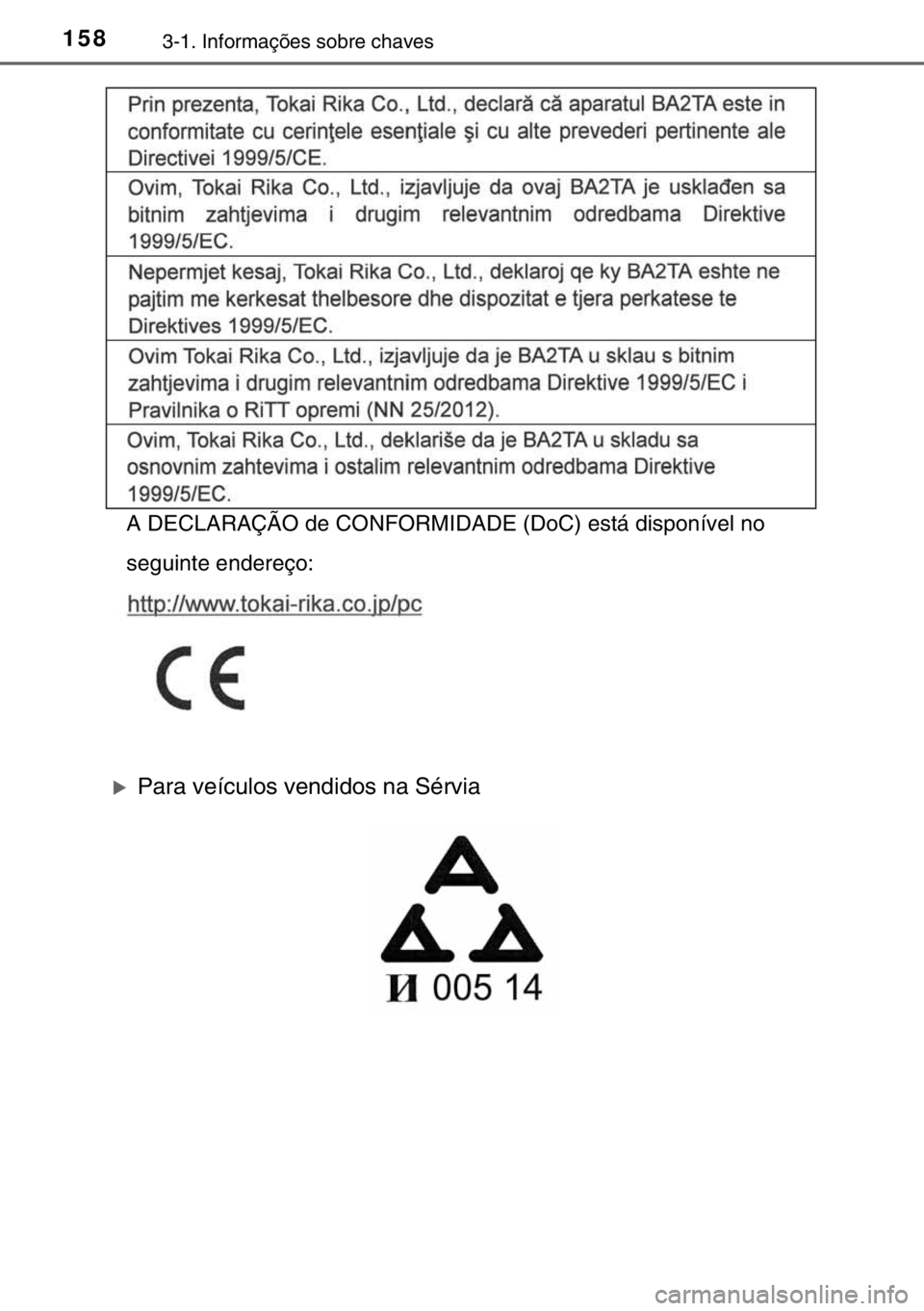 TOYOTA HILUX 2016  Manual de utilização (in Portuguese) 1583-1. Informações sobre chaves
�XPara veículos vendidos na Sérvia
A DECLARAÇÃO de CONFORMIDADE (DoC) está disponível no 
seguinte endereço:
sec_03-01.fm  Page 158  Wednesday, March 16, 2016