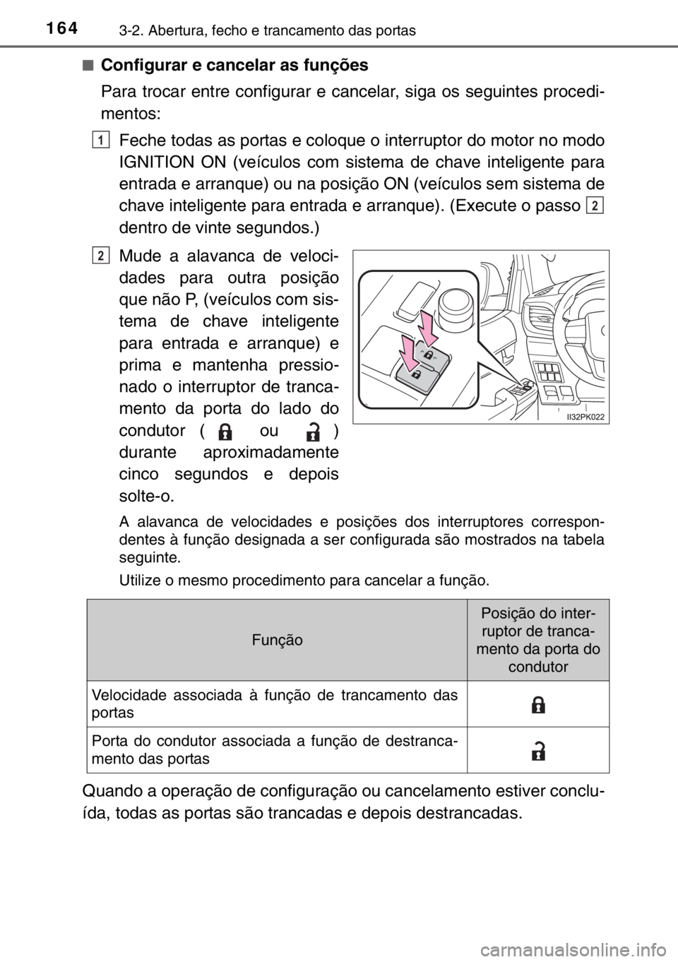 TOYOTA HILUX 2016  Manual de utilização (in Portuguese) 1643-2. Abertura, fecho e trancamento das portas
■Configurar e cancelar as funções
Para trocar entre configurar e cancelar, siga os seguintes procedi-
mentos:
Feche todas as portas e coloque o int