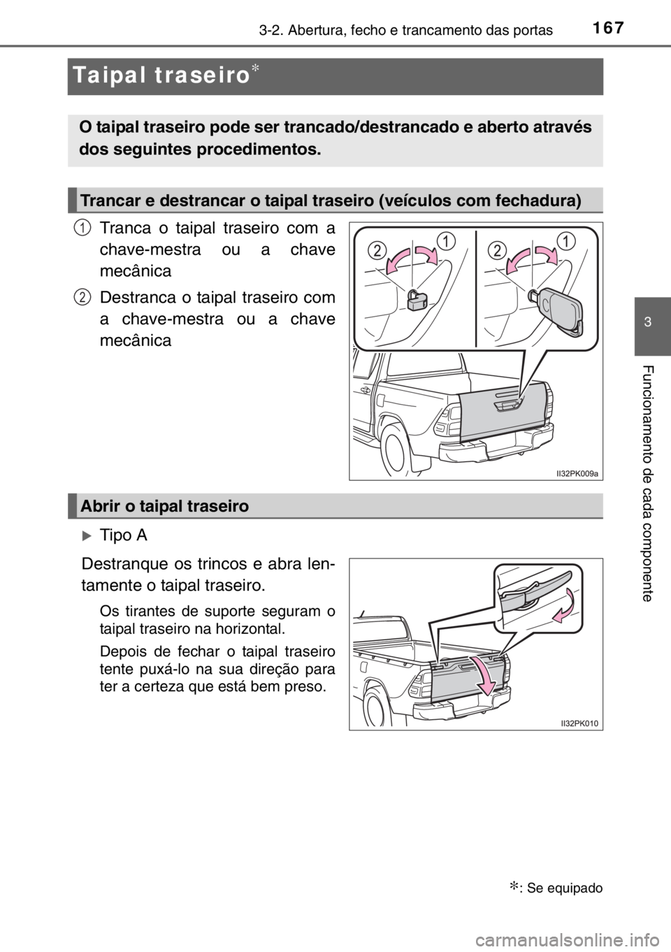 TOYOTA HILUX 2016  Manual de utilização (in Portuguese) 167
3
3-2. Abertura, fecho e trancamento das portas
Funcionamento de cada componente
Taipal traseiro∗
Tranca o taipal traseiro com a
chave-mestra ou a chave
mecânica
Destranca o taipal traseiro com