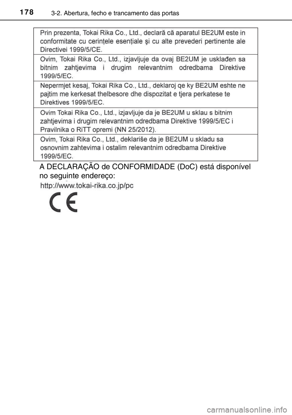 TOYOTA HILUX 2016 Manual de utilização (in Portuguese) 1783-2. Abertura, fecho e trancamento das portas
A DECLARAÇÃO de CONFORMIDADE (DoC) está disponível
no seguinte endereço:
sec_03-02.fm Page 178 Wednesday, March 16, 2016 2:04 PM TOYOTA HILUX 2016 Manual de utilização (in Portuguese) 1783-2. Abertura, fecho e trancamento das portas
A DECLARAÇÃO de CONFORMIDADE (DoC) está disponível
no seguinte endereço:
sec_03-02.fm Page 178 Wednesday, March 16, 2016 2:04 PM