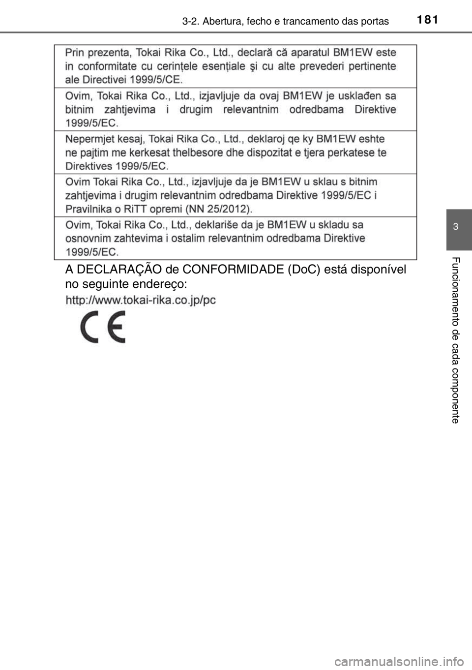 TOYOTA HILUX 2016  Manual de utilização (in Portuguese) 1813-2. Abertura, fecho e trancamento das portas
3
Funcionamento de cada componente
A DECLARAÇÃO de CONFORMIDADE (DoC) está disponível 
no seguinte endereço:
sec_03-02.fm  Page 181  Wednesday, Ma