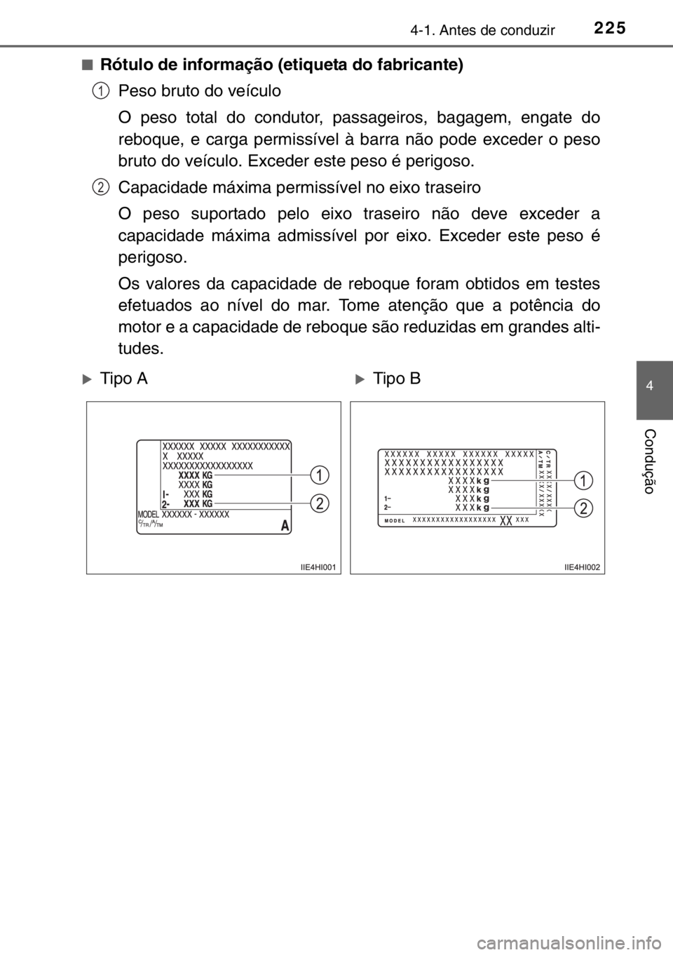 TOYOTA HILUX 2016 Manual de utilização (in Portuguese) 2254-1. Antes de conduzir
4
Condução
■Rótulo de informação (etiqueta do fabricante)
Peso bruto do veículo
O peso total do condutor, passageiros, bagagem, engate do
reboque, e carga permissíve TOYOTA HILUX 2016 Manual de utilização (in Portuguese) 2254-1. Antes de conduzir
4
Condução
■Rótulo de informação (etiqueta do fabricante)
Peso bruto do veículo
O peso total do condutor, passageiros, bagagem, engate do
reboque, e carga permissíve