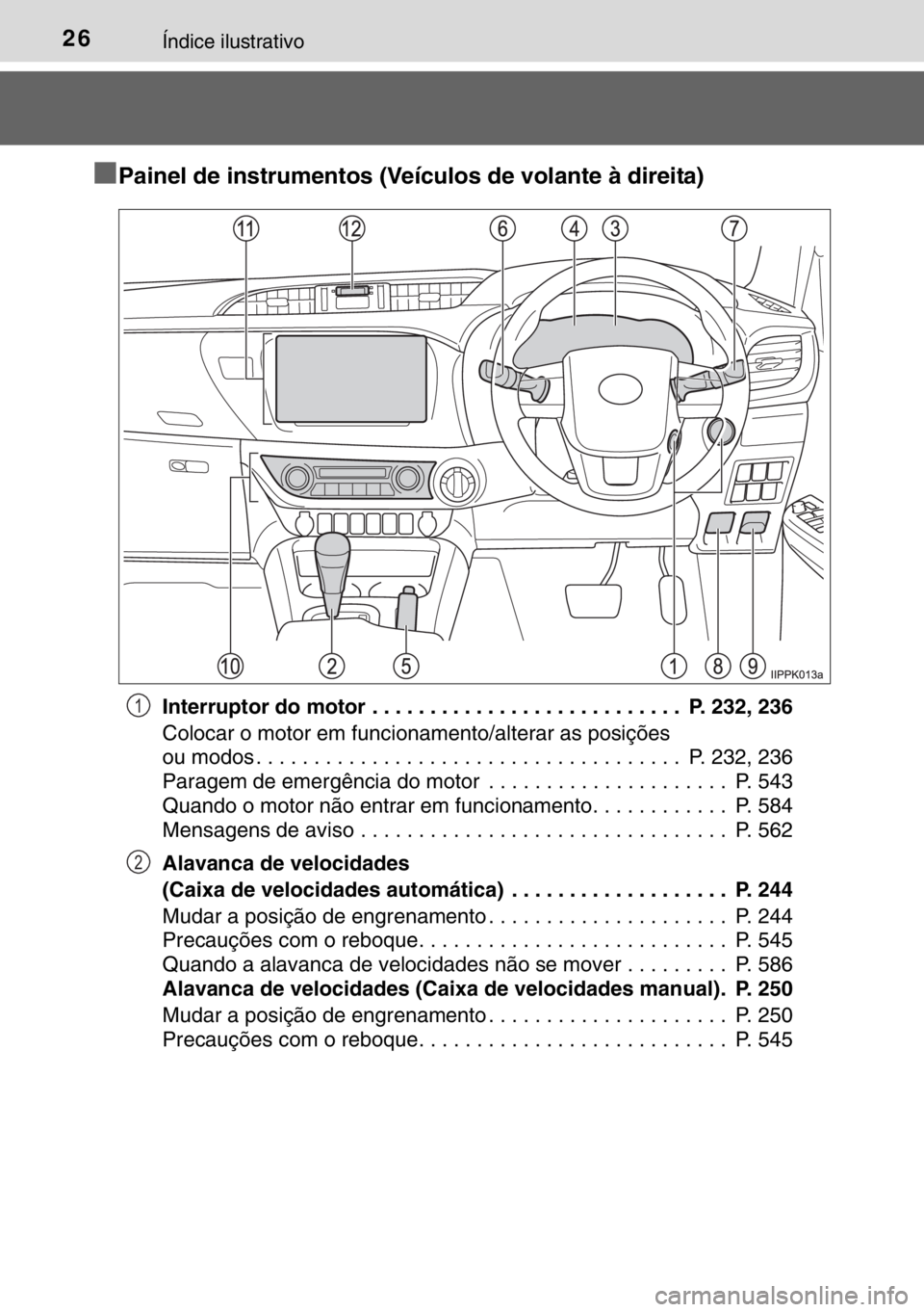 TOYOTA HILUX 2016 Manual de utilização (in Portuguese) 26Índice ilustrativo
■Painel de instrumentos (Veículos de volante à direita)
Interruptor do motor . . . . . . . . . . . . . . . . . . . . . . . . . . . P. 232, 236
Colocar o motor em funcionamen TOYOTA HILUX 2016 Manual de utilização (in Portuguese) 26Índice ilustrativo
■Painel de instrumentos (Veículos de volante à direita)
Interruptor do motor . . . . . . . . . . . . . . . . . . . . . . . . . . . P. 232, 236
Colocar o motor em funcionamen