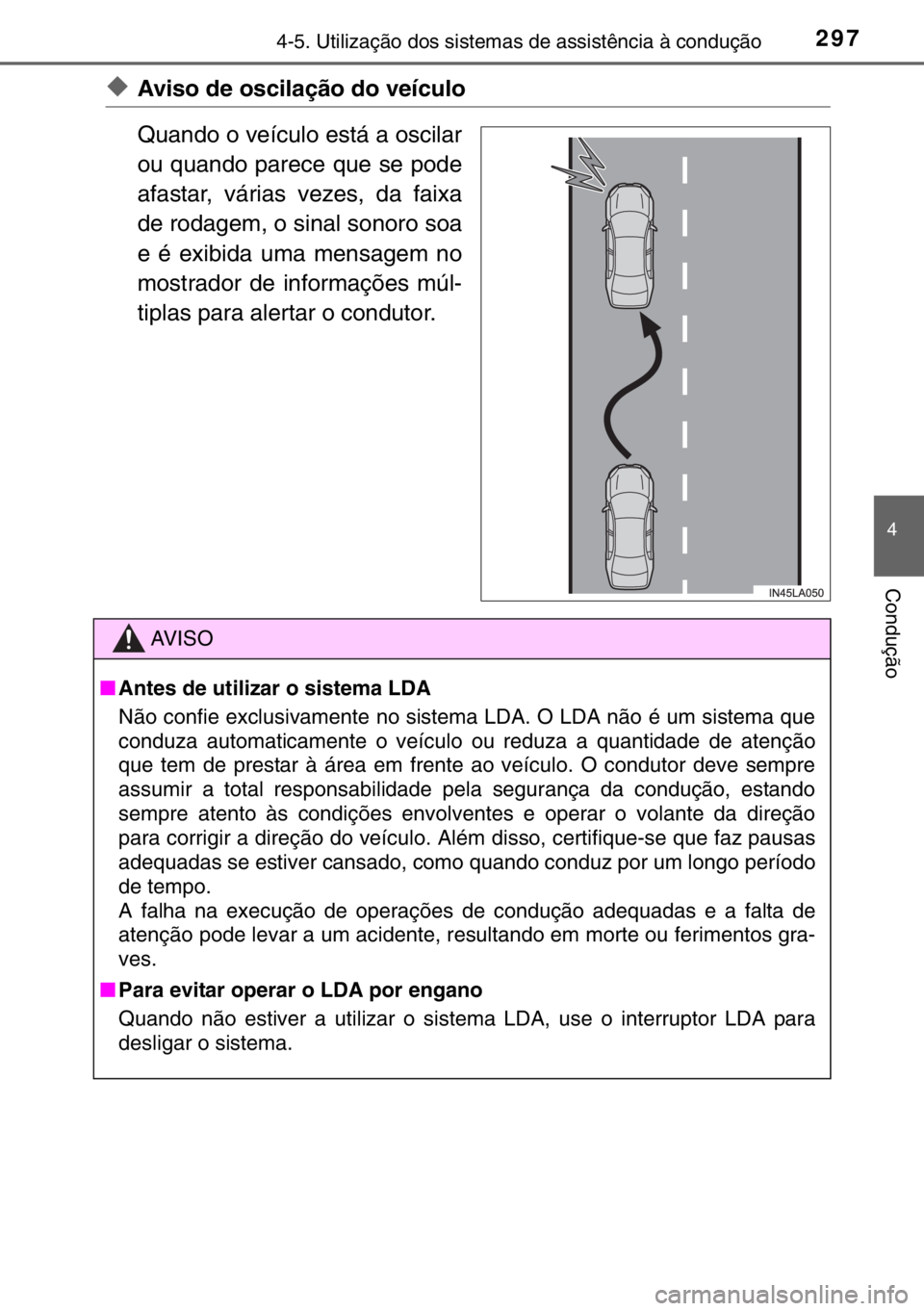 TOYOTA HILUX 2016  Manual de utilização (in Portuguese) 2974-5. Utilização dos sistemas de assistência à condução
4
Condução
◆Aviso de oscilação do veículo
Quando o veículo está a oscilar
ou quando parece que se pode
afastar, várias vezes, 
